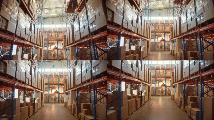 零售仓库堆满了货架，货物装在纸箱和包装中。物流、分拣和分销设施，用于产品交付。货架行之间的下降静态摄