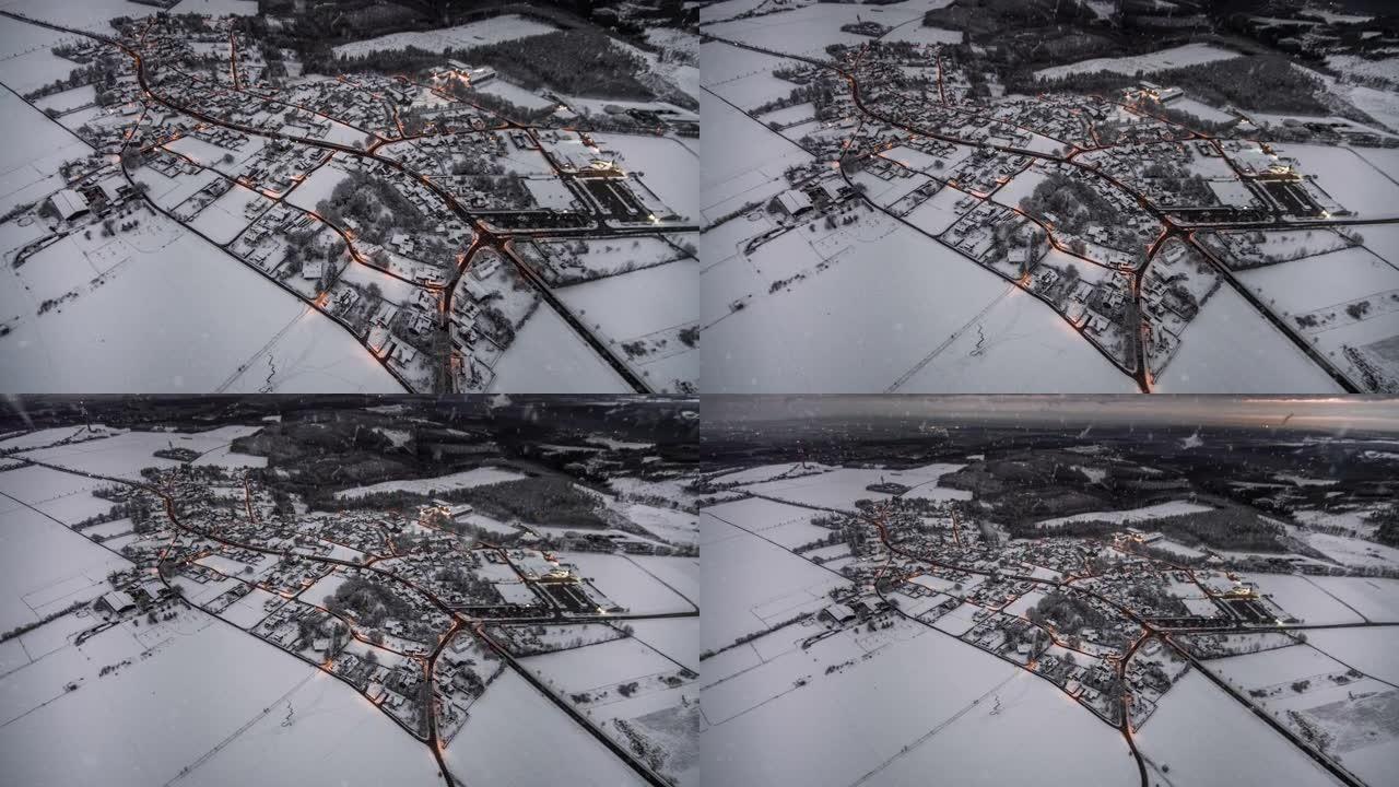 冬季白雪覆盖的城镇的鸟瞰图