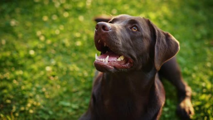 诺贝尔血统布朗拉布拉多寻回犬狗抬头等待并要求小吃，在绿色草坪上玩得开心。在户外阳光明媚的日子里，快乐