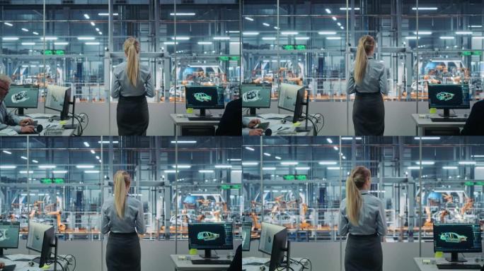 汽车厂办公室: 成功的女总工程师俯瞰工厂生产输送机。自动化机械臂装配线制造先进高科技电动汽车。后视图