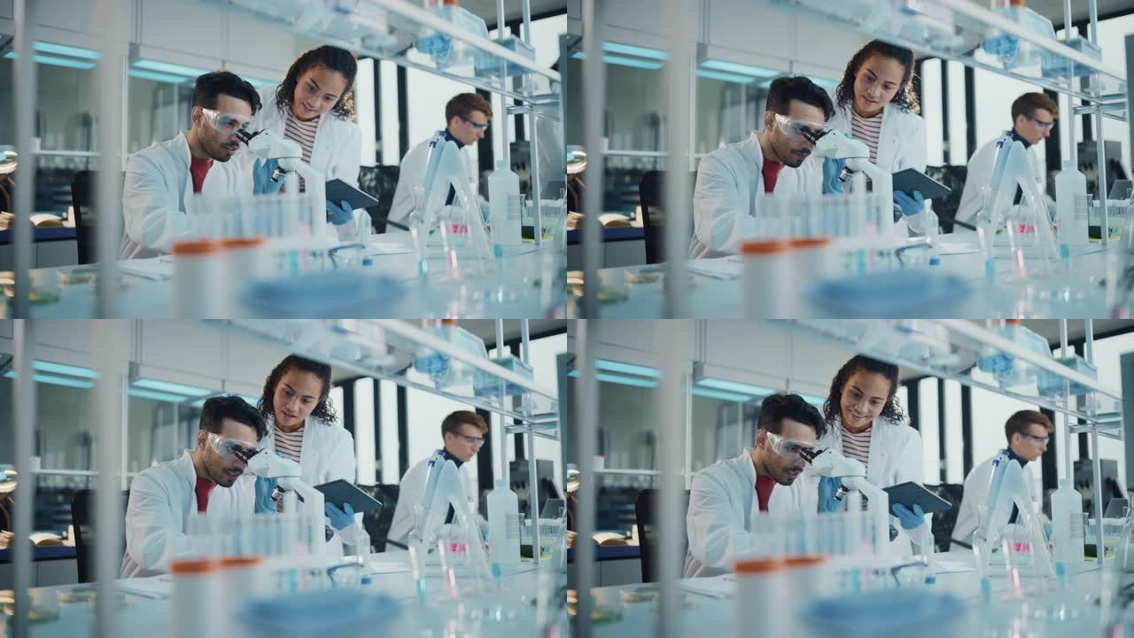 现代医学研究实验室: 拉丁和黑人年轻科学家的肖像使用显微镜，数字平板电脑，做样品分析，说话。在高级实