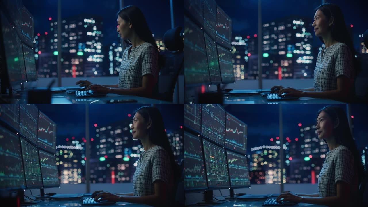一位金融分析师在计算机上工作的肖像，该计算机具有实时股票，商品和交易所市场图表的多显示器工作站。在投