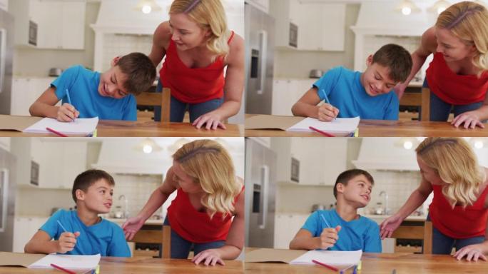 高加索母亲在家帮助儿子做作业