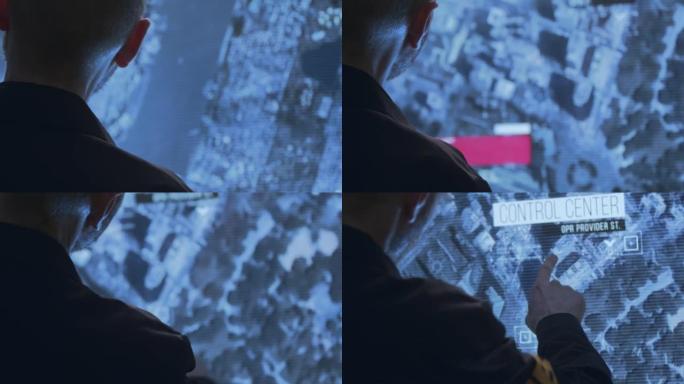 在未来的HUD屏幕上，一个FBI特工跟踪罪犯的路线的特写，我们看到他从后面