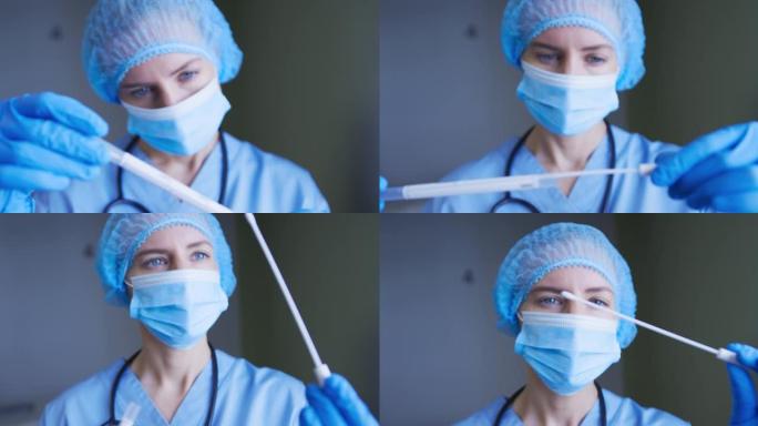 女性白人医生穿着防护服为患者修复covid拭子测试