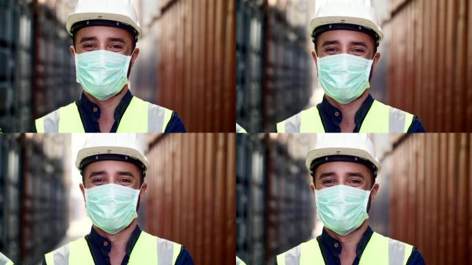 肖像工人戴着保护面具脸和安全帽