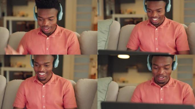 远程，自由职业者和商人在笔记本电脑上进行视频通话，在在线会议或会议上打招呼时感到高兴。微笑非裔美国人