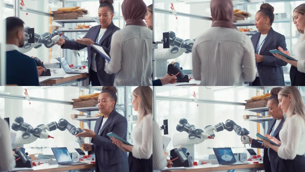 多元化的计算机科学专家和黑人导师在开发创新程序时看着机器人手并进行讨论。机器人技术概念
