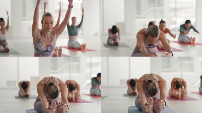 一群健康的女性在健身健身房一起做瑜伽，作为锻炼的一部分。在健身中心锻炼和训练的活跃和运动的女性。运动
