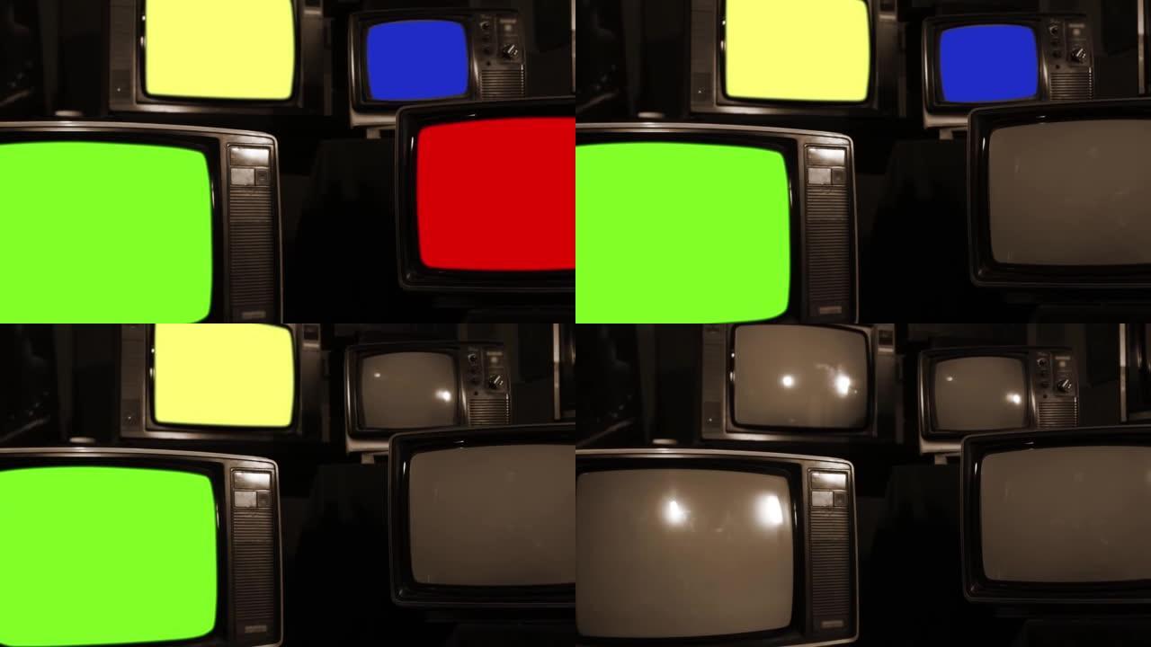 四台旧电视关闭不同的色度键屏幕。缩小。棕褐色色调。4k分辨率。