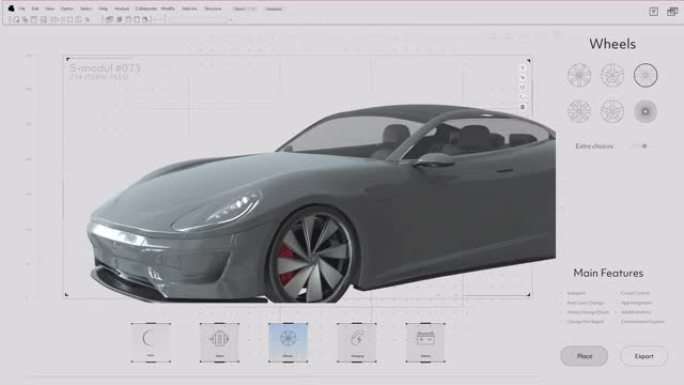 具有现代跑车3D动画项目的专业cad计算机软件的轻型接口模型。未来超级汽车电动汽车的3D模型。专注于