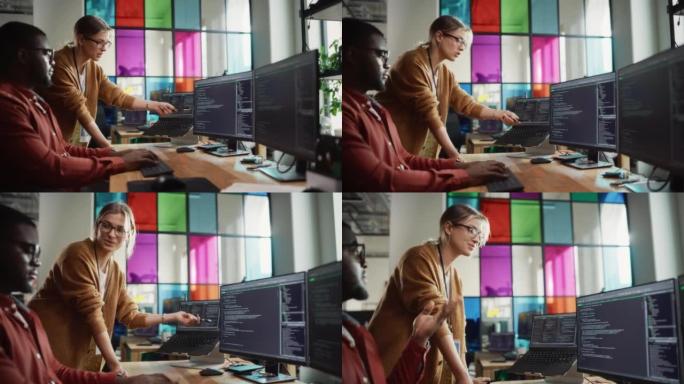黑人程序员在台式机上向Creative Office Space中的女性初创公司创始人显示代码。非洲