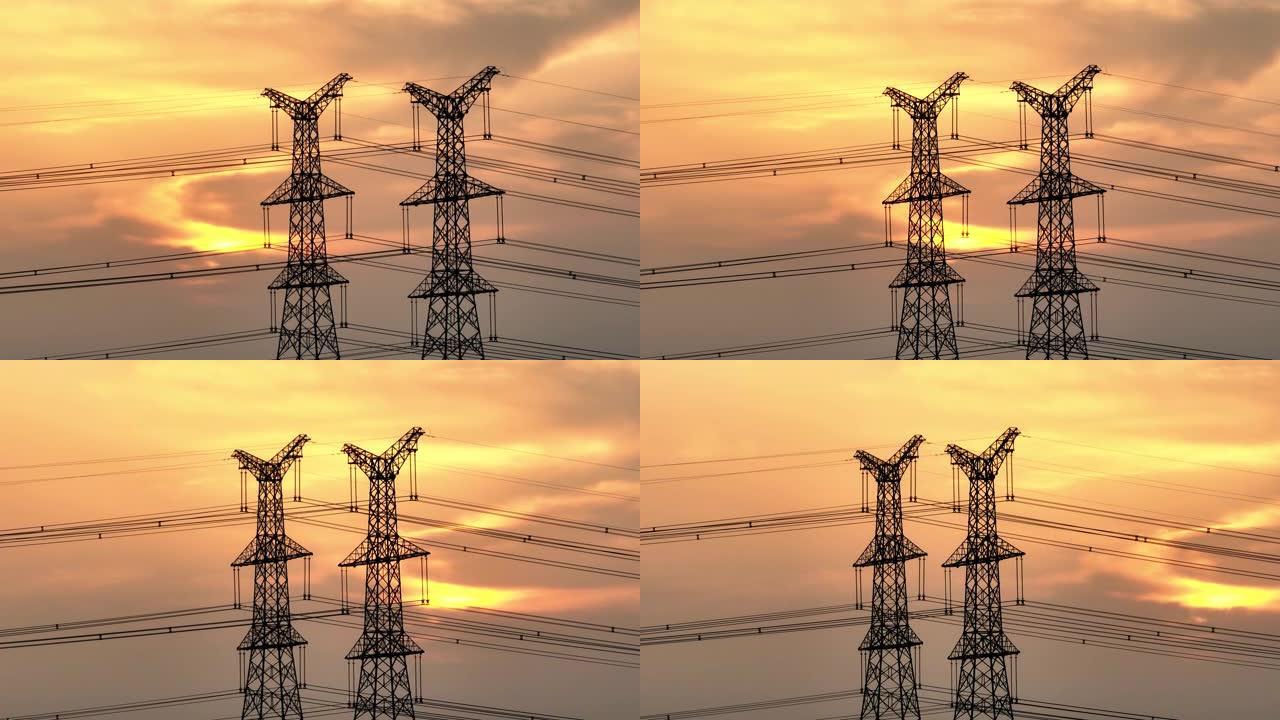 日落时电动塔架的鸟瞰图