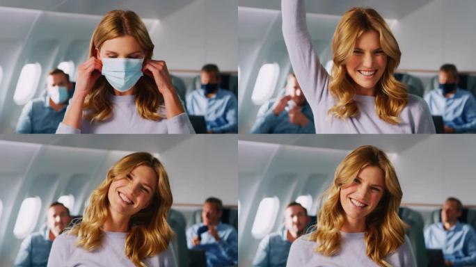 戴口罩的女人航空公司航行航班坐飞机机舱