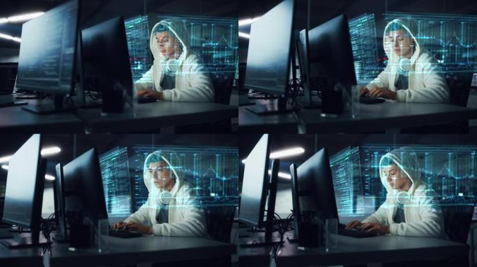 全息图屏幕: 在PC上工作的年轻女性IT专家的肖像，具有全息投影，多个显示器显示编码语言，后端编程，