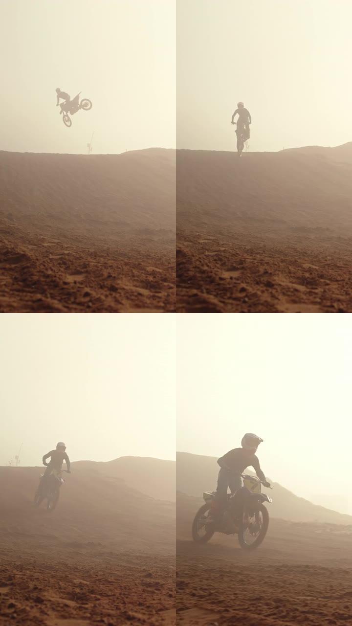 跳跃，运动和男子在越野自行车上在沙漠沙滩上进行冒险或极端特技表演。摩托车越野表演，自由和骑摩托车或摩