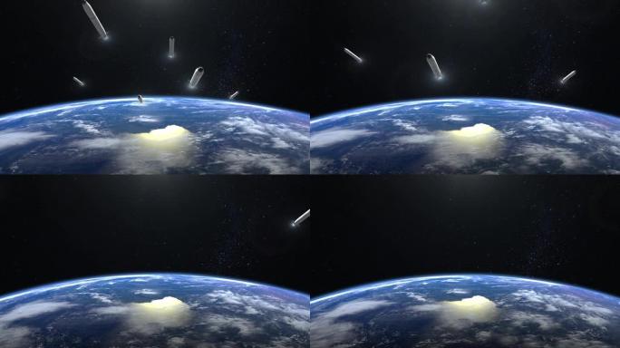 一组核高超音速导弹在地球上空起飞。从太空看。火箭飞行并旋转。高超音速武器。核战争。4K. 3D动画。