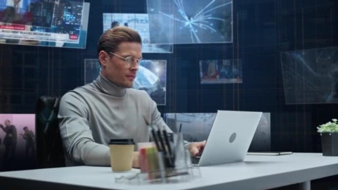 具有动画虚拟背景的帅哥: 经理坐在桌子旁，使用笔记本电脑。增强现实中的社交媒体帖子。360度跟踪拍摄