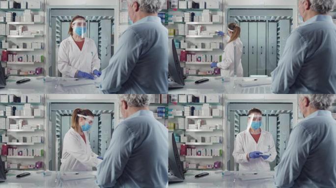 电影镜头的药剂师带着医用口罩在药房对男性患者做冠状病毒鼻咽拭子试验。概念:covid-19、保护、安