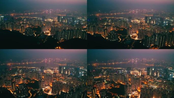 香港九龙湾区空中无人机夜景