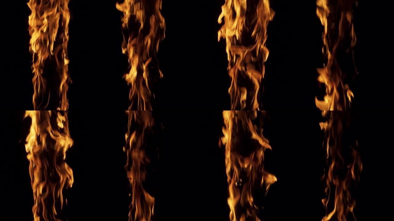在黑色背景上近距离拍摄慢动作: 两根垂直的木树棒着火了。在火焰中燃烧。特殊效果、视觉效果、后期制作、