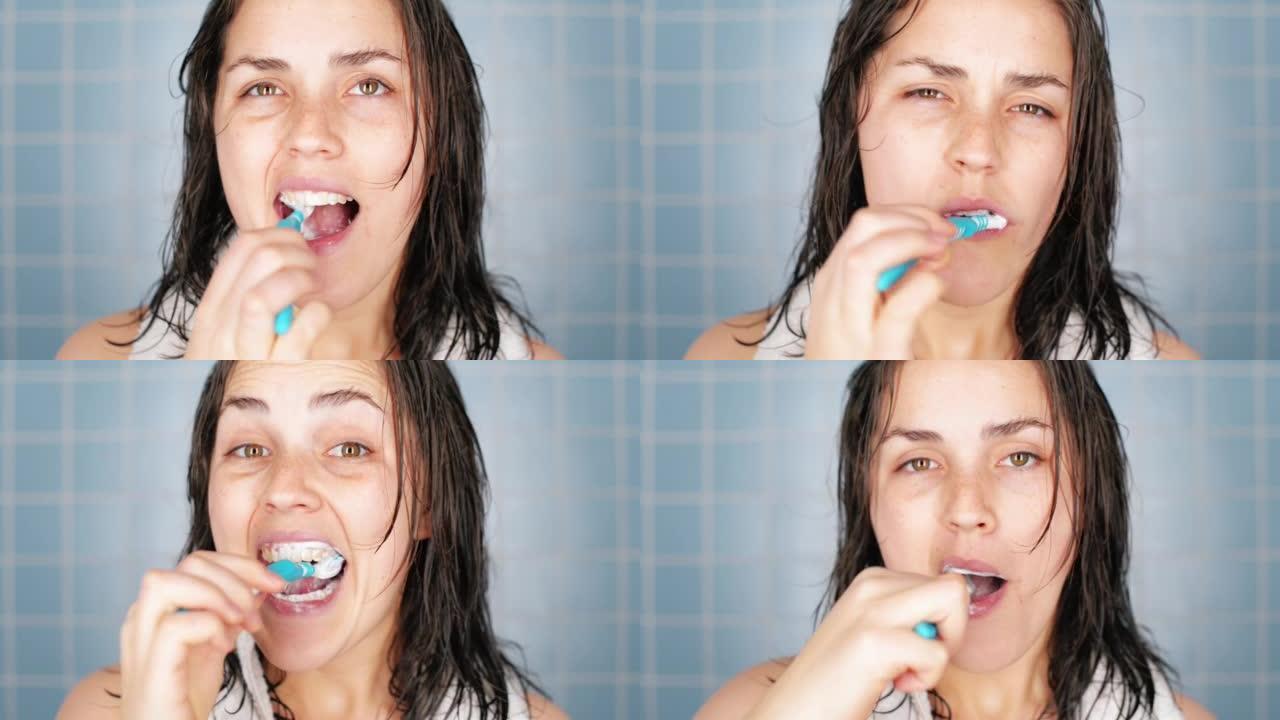 4k视频片段，一名妇女在淋浴后刷牙