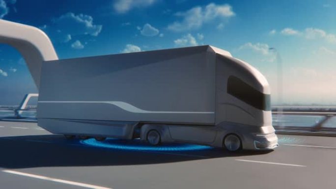 未来技术概念: 自动自动驾驶卡车与货物拖车驾驶道路上的扫描传感器。分析高速公路的零排放电动汽车的特殊