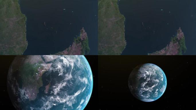 科摩罗地图，通过4K照片真实动画地球仪向太空放大，包括非洲、西亚和欧洲的全景。史诗旋转世界动画，现实