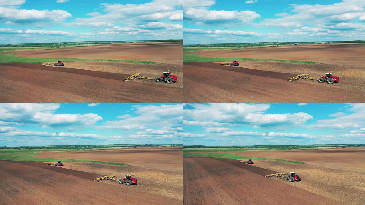 红色机器为田间播种准备土壤。