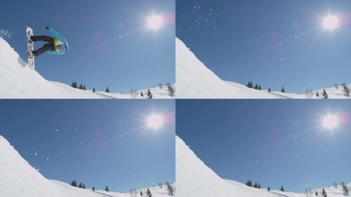 慢动作: 滑雪板确实在阳光下翻转
