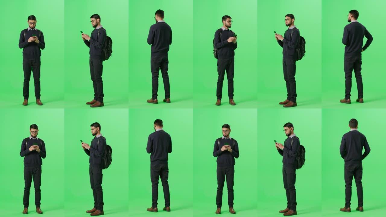 三个分割的绿屏背景: 英俊的亚洲男人站着，使用智能手机。穿着商务休闲装的家伙，眼镜用手机。孤立的模板