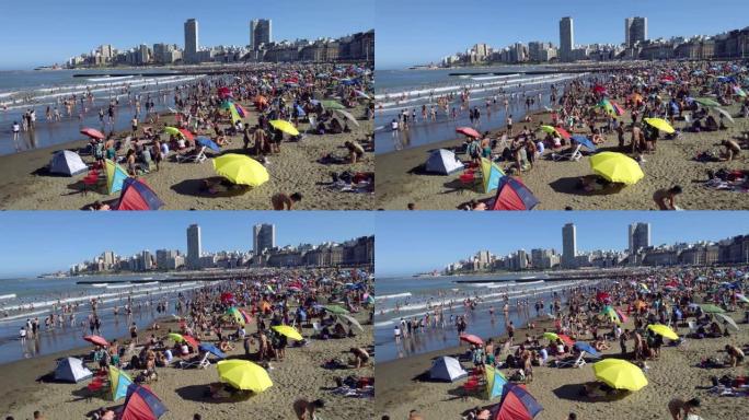 阿根廷布宜诺斯艾利斯省普拉塔3月拥挤的海滩。4k分辨率。