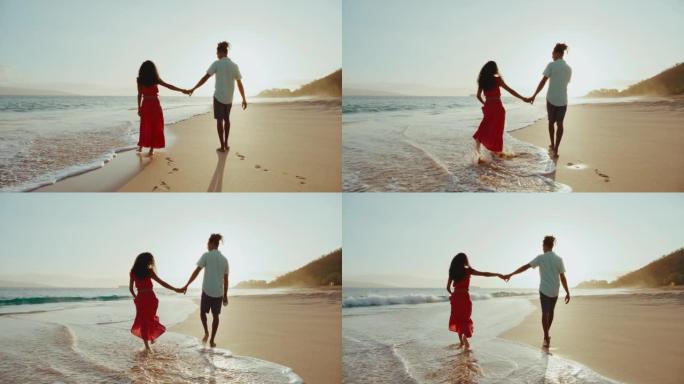 浪漫的热带假期情侣海边散步背影视频素材浪