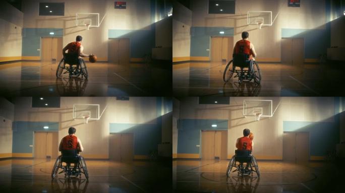 轮椅篮球运动员运球，射门成功，打进完美进球。确定残疾人行动迅速，得分精美。暖色，慢动作