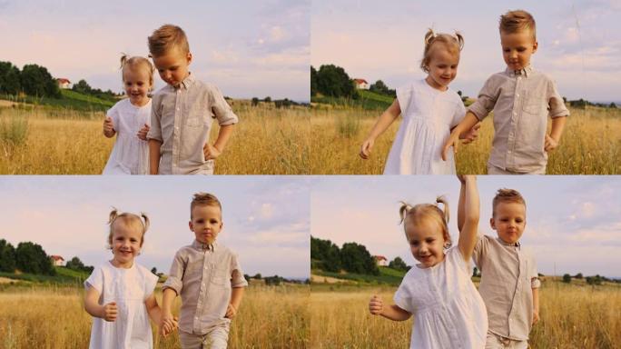 跟踪一个年轻的金发哥哥和姐姐手牵着手，走在草地上的慢动作镜头