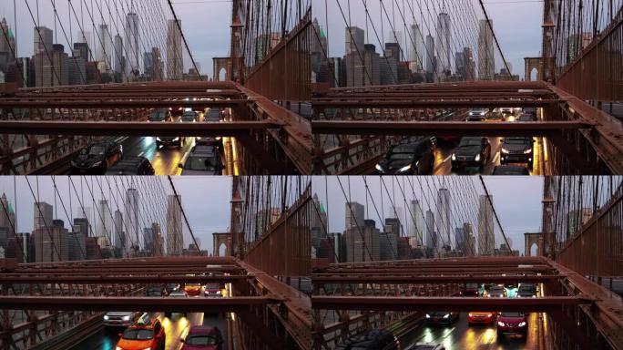 纽约曼哈顿天际线黄昏布鲁克林大桥交通的T/L视图