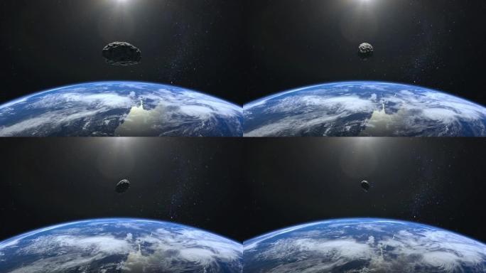 一颗小行星靠近地球飞行。小行星飞走并旋转。星空。4K.星星闪烁。3d渲染。NASA