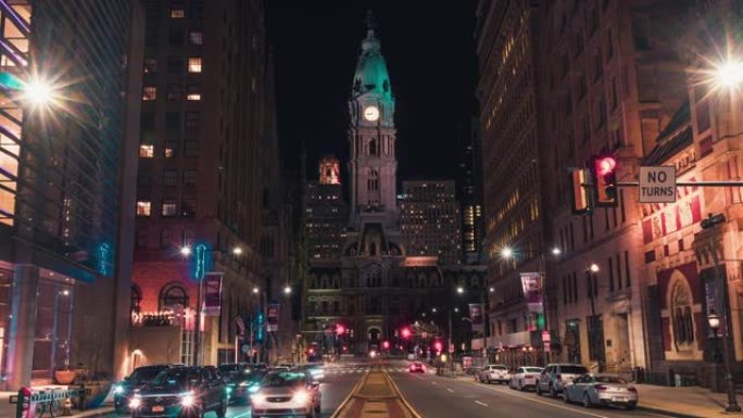 美国费城市政厅夜间红绿灯的时间流逝