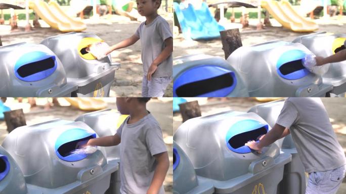 非裔美国男孩将塑料扔进可回收垃圾箱