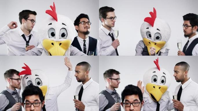 4k视频片段，一名男子在工作室背景下与朋友在鸡头中跳舞