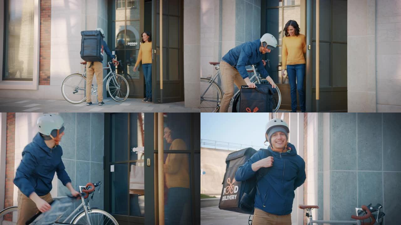 送餐男子在自行车上穿着保暖背包，向快乐的女性顾客提供餐厅订单。快递员将外卖午餐送到办公楼。微笑的快递