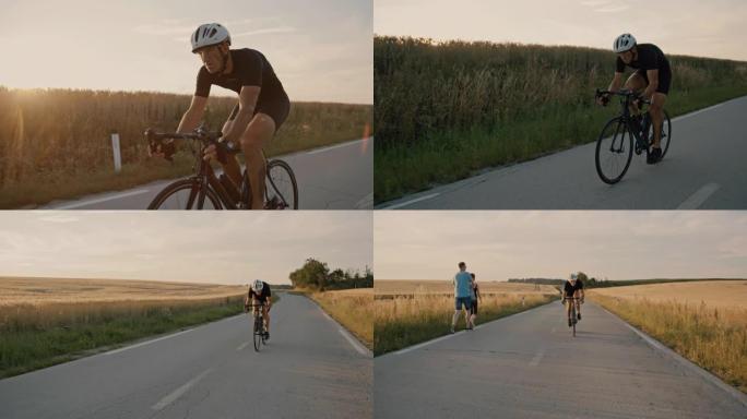 SLO MO专业自行车手在日落时骑自行车穿越乡村