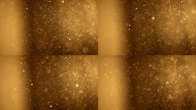 闪亮的金色粒子抽象背景。模糊的散景背景的金尘颗粒慢慢漂浮在空中。神奇的仙女背景