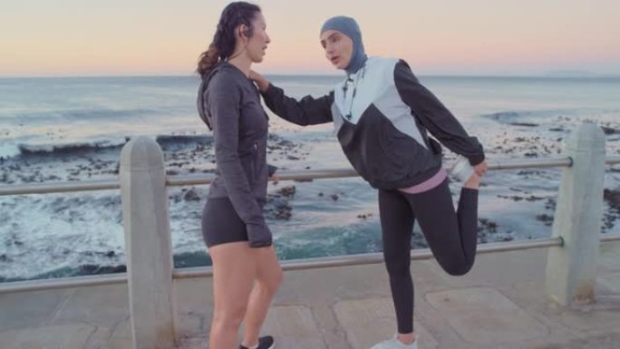 在加拿大，伸展双腿，动力和女性在长廊上进行健身，有氧运动和身体目标训练。锻炼热身，多元化和穆斯林妇女