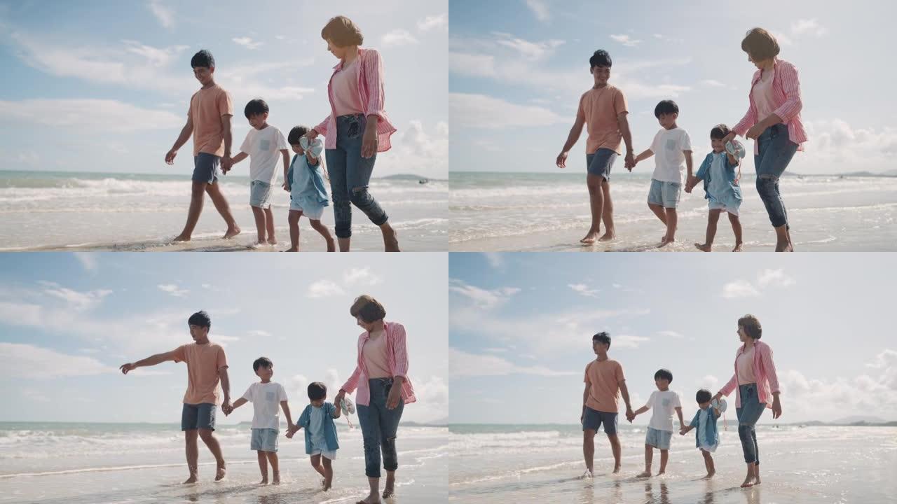 家人一起在海滩上散步