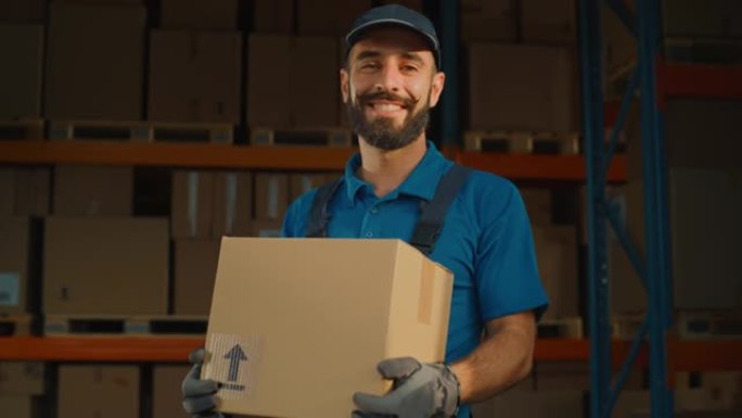 英俊的拉丁男性工人的肖像拿着纸板箱站在仓库里装满货物。快乐专业在物流配送中心工作，在线交付电子商务订