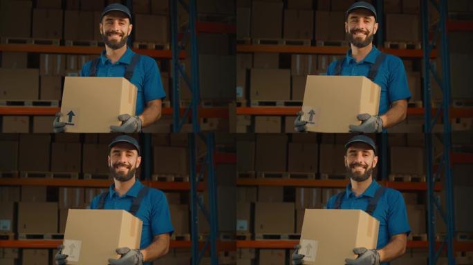 英俊的拉丁男性工人的肖像拿着纸板箱站在仓库里装满货物。快乐专业在物流配送中心工作，在线交付电子商务订