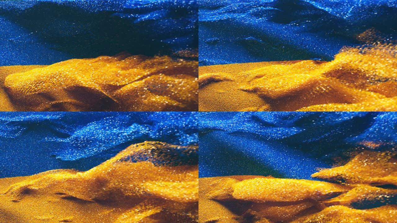 乌克兰国旗在风中飘扬，由闪闪发光的沙子组成