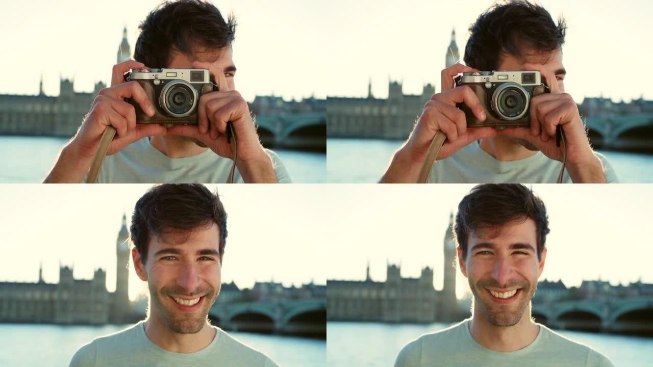 一个年轻人在探索城市时用相机拍照的4k视频片段
