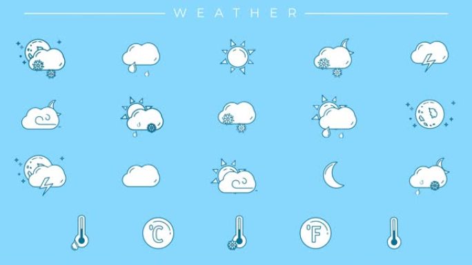 以天气为主题的带有蓝色轮廓和白色填充的图标集合。